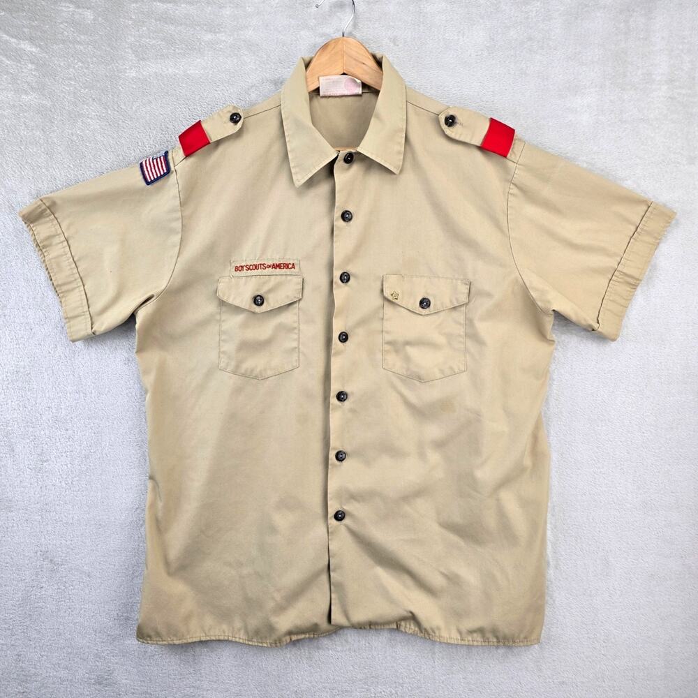 Vintage Boy Scouts Of America Shirt Mens XL Beige Short Sleeve Patches *FLAWS*